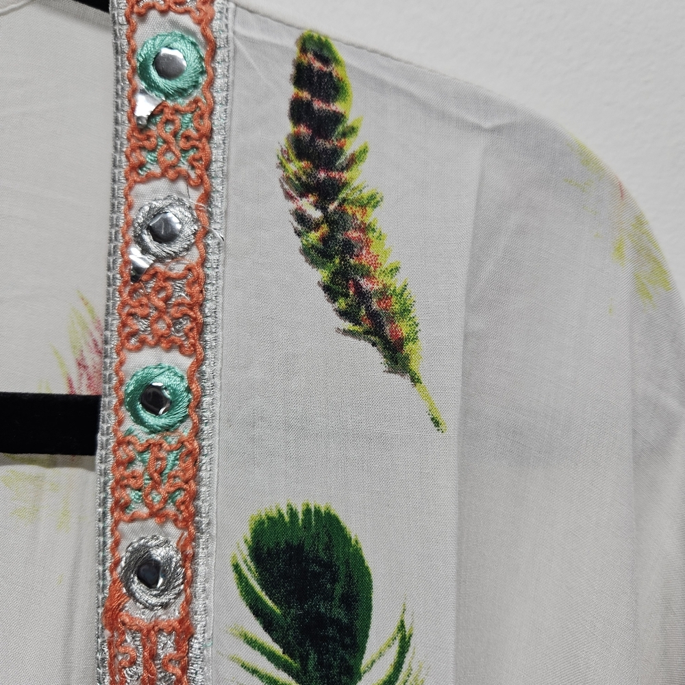 UMGEE Kimono Duster Cardigan Size XL/1XL Feather Print Tassel Boho Festival - Picture 3 of 11